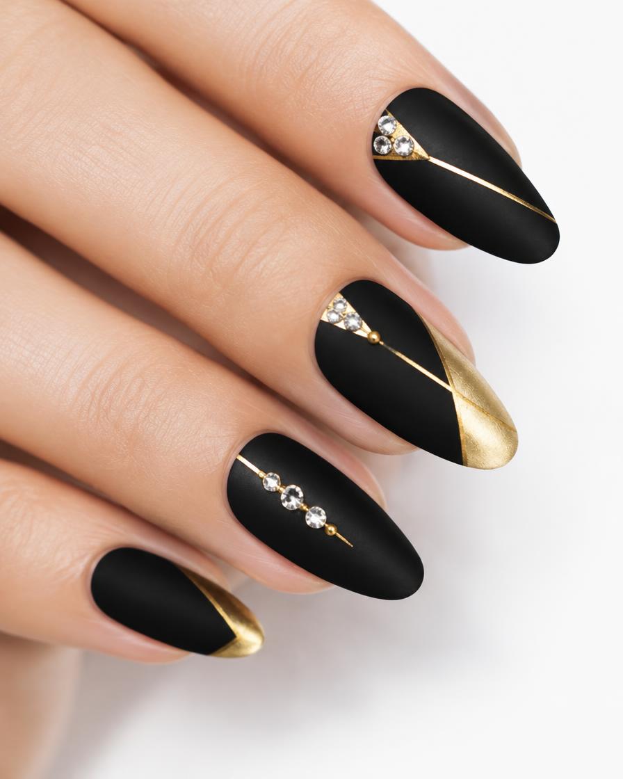 Nail art géométrique noir et or